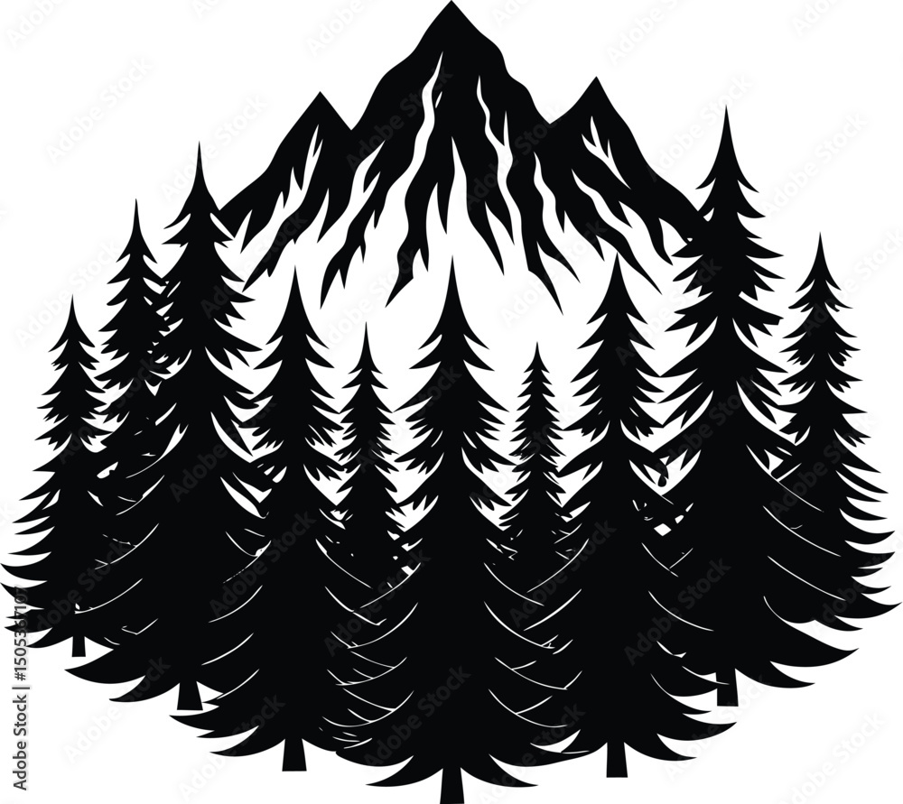 Obraz premium Pine Tree Cluster with Misty Mountain Base Silhouette