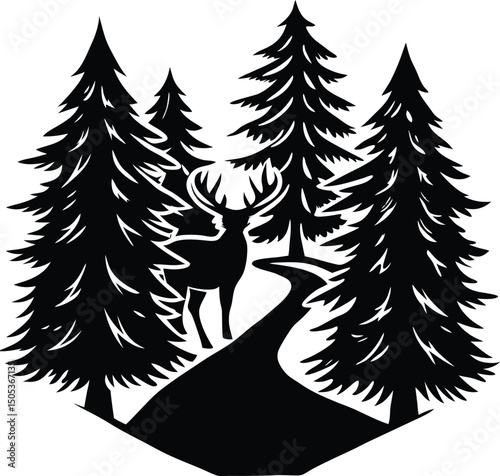 Pine Tree Forest Trail with Deer Looking at Viewer