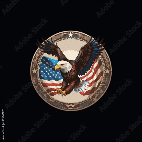 abstract design of american flag and eagle inside circle. american symbol, ready to print for t-shirt, pin brooch or logo