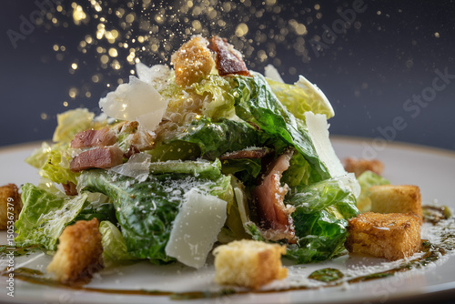 Gourmet caesar salad topped with parmesan cheese