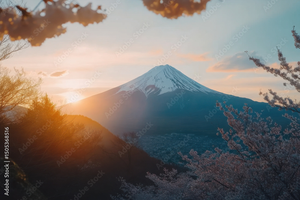 Fototapeta premium Mount Fuji rising behind cherry blossoms at sunrise in Japan