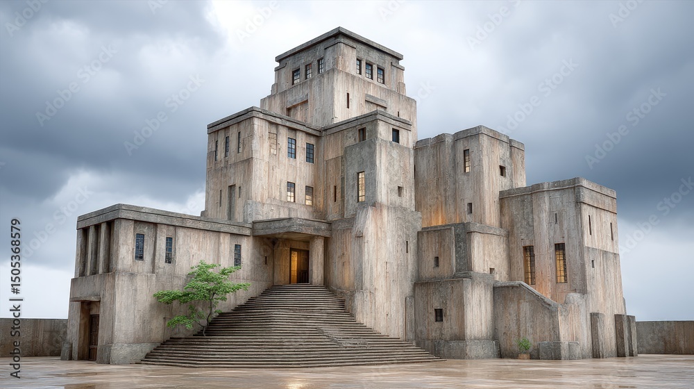 Obraz premium Dramatic concrete building with geometric designs under a cloudy sky.