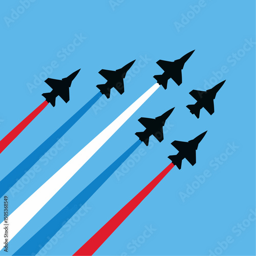 Military fighter jets with trails on a blue background. Vector airplane show illustration
