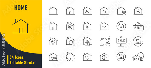 Home web icons in line style. Homepage, house, location, rent, for sale, property, cleaning, key, collection. Vector illustration.