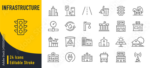 Infrastructure web icons in line style. Transport, road, mall, airport, police, school, park, water, collection. Vector illustration.