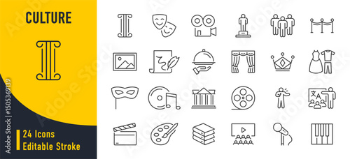 Culture web icons in line style. Creative, art, museums, literature, movie, architecture, theater, collection. Vector illustration.