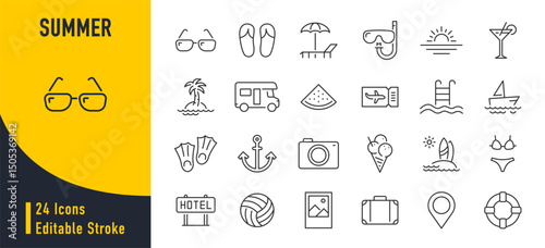 Summer icons. Vacation and beach web icons in line style. Travel, holiday, tourism, hotel, passport, maps, landscape, camera. Icon collection. Vector illustration.
