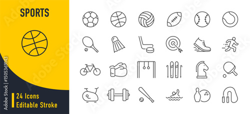 Sport web icons in line style. Football, golf, gym, basketball, volleyball, bowling, chess, skiing, boxing, tennis, collection. Vector illustration.