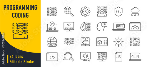Programming and Coding web icons in line style. Software, development, legal, cloud computing, programmer, data, collection. Vector illustration.