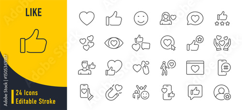 Like web icons in line style. Heart, thumb up, rating, social media, feedback, positive, appreciation, smile, collection. Vector illustration.