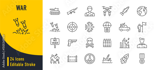 War web icons in line style. Army, battle, conflict, military, missile, refugees, bomb, tank, collection. Vector illustration.