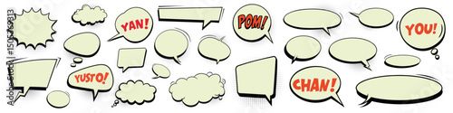Set of retro comic bubbles and elements with black halftone shadows