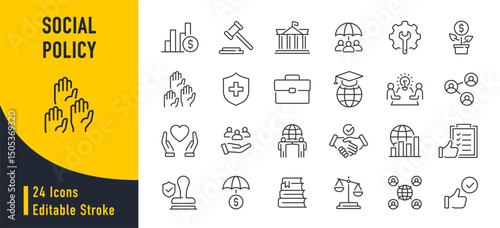 Social Policy web icons in line style. Education, government, welfare, reforms, medicine,  collection. Vector illustration.
