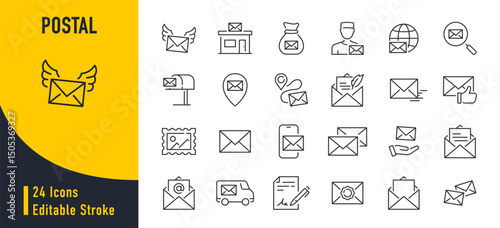 Postal web icons in line style. Email, address, post service, shipping, delivery, packaging collection. Vector illustration.