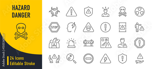 Hazard Danger web icons in line style. Risk, toxic, explosive, flammable collection. Vector illustration.