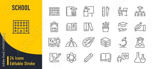 School web icons in line style. Education, knowledge, teacher, class room, study, language, collection. Vector illustration.