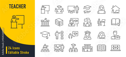 Teaching web icons in line style. Knowledge, university, study, teach, professor, explain, education. Vector illustration.