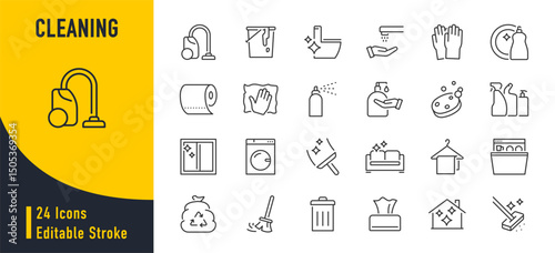Cleaning web icons in line style. Dusting, cleaning, vacuuming, washing, changing, organizing. Vector illustration.