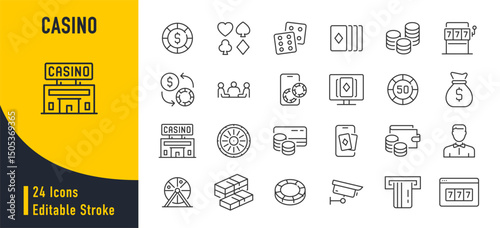 Casino web icons in line style. Playing card, casino, win, roulette, poker chips, card suit, mobile casino. Vector illustration.
