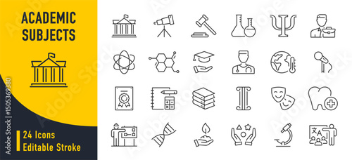 Academic subjects web icons in line style. Science, technology, mathematics, engineering, chemistry, biology, medicine. Vector illustration.