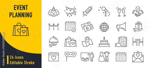 Event planning web icons in line style. Holiday, event, party, celebration, entertainment. Vector illustration.
