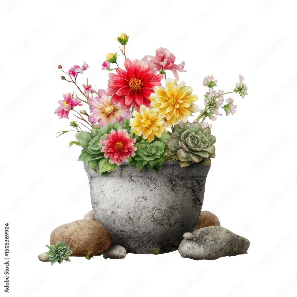 Obraz premium Floral arrangement in pot with rocks isolated on white background