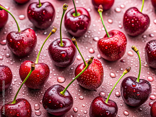 Rustic Charm. Freshly Picked Cherries with Water Droplets. Perfect Seamless Pattern. Delicious food background