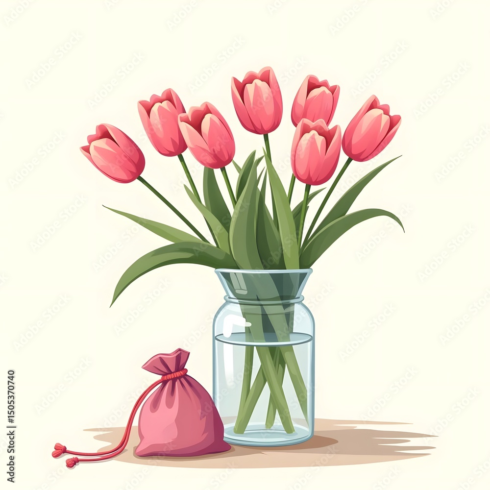 Fototapeta premium Summer Bliss: Fragrant Pink Tulips in Glass Vase & Velvet Pouch Greeting Card