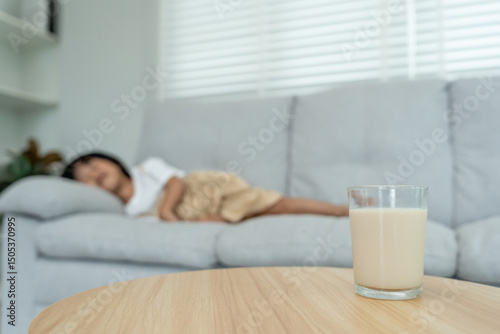Canvas Print Milk allergens, children felling stomachache and diarrhea , runny stuffy sore nose suffer from intolerance allergy trigger symptoms
