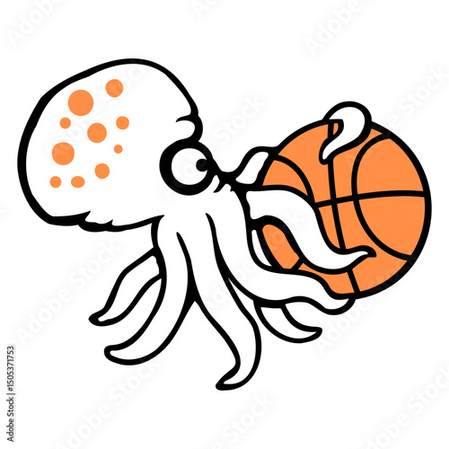 Octopus basketball play ball hold sport hobby Isolated Vector Graphic Design Illustration
