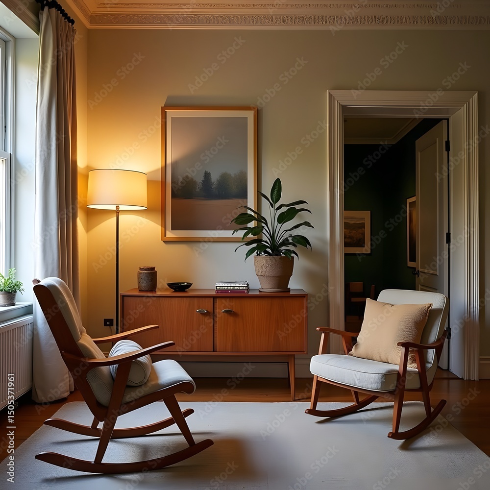 Fototapeta premium Contemporary Charm: A Cozy Living Room Retreat with a Wooden Rocker and Eclectic Energy