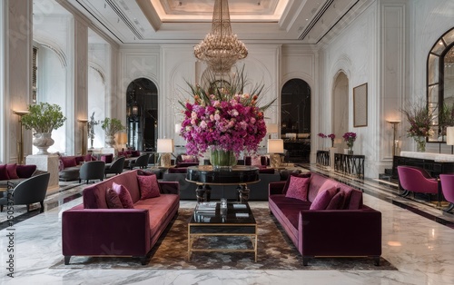 Luxurious hotel lobby with deep burgundy furniture and elaborate floral arrangements.