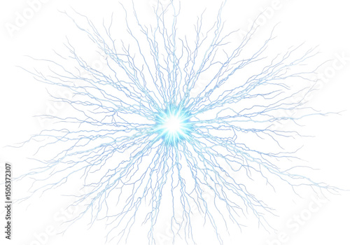 Abstract illustration of lightning bolt bursting out from a glowing center on transparent background