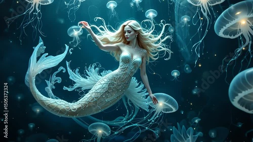 Blonde mermaid swimming underwater with glowing jellyfish, long hair floating in deep blue ocean, fantasy aquatic world. Mythical sea creature concept
