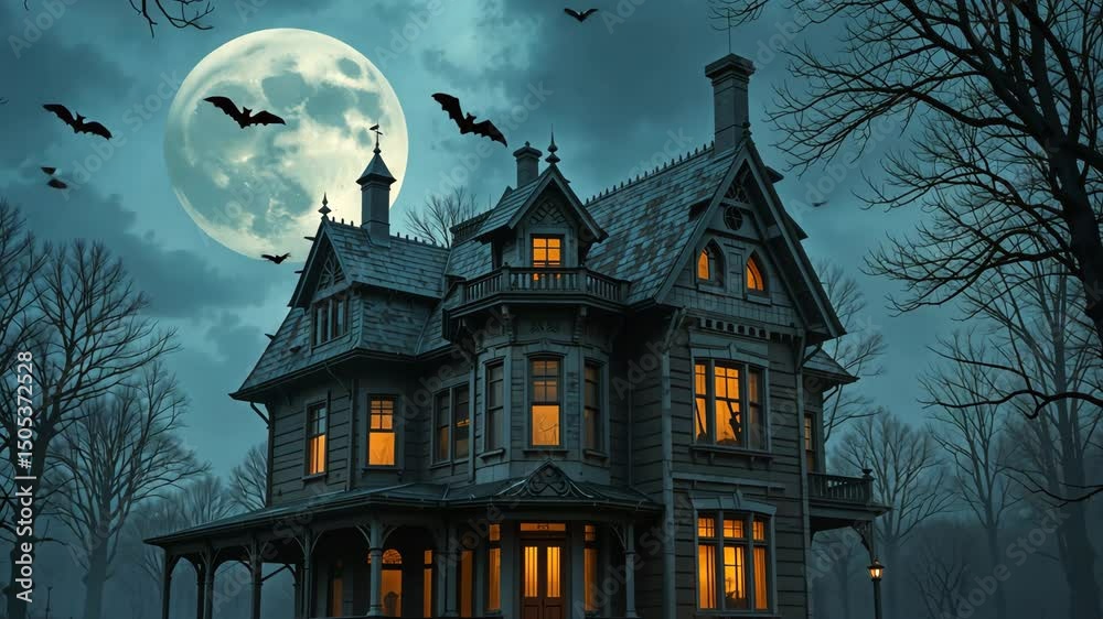 Dark haunted gothic house with pointed roof, lit windows and full moon ...