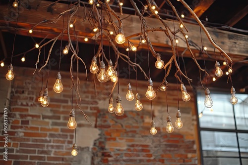 Hanging decor made of branches decorated with mini-light bulbs in rooms with unplastered walls. Concept of using eco-materials in interior design. photo
