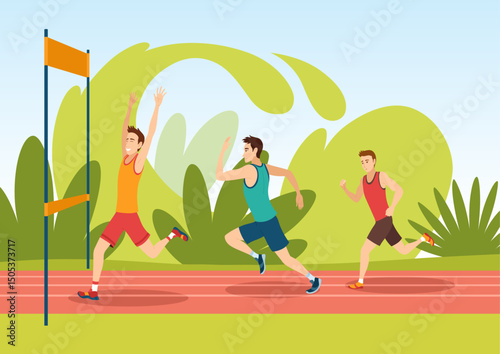 Marathon race. Group of people running to finish line. Active lifestyle and sports. Athletes in tournament and championship. Running competitions concept