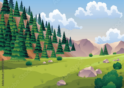 Road trip vacation, travel. On way for camping in nature, forest. Summer holiday adventure. Background of beautiful mountain landscape with rocky cliffs. Flat vector illustration