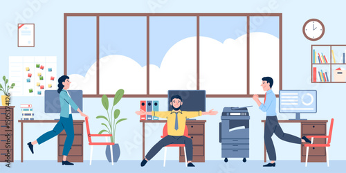 Office sport training on workplace. Managers doing exercises on workplace, warm-up for back, leg, and neck pain. Sedentary lifestyle prevention, recent vector scene