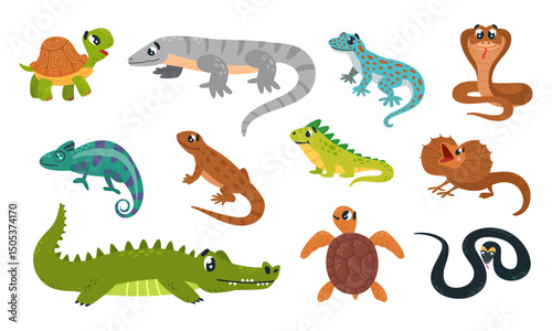 Cartoon reptiles. Exotic lizard turtle iguana and snakes. Isolated amphibian, different tropical area animals, triton and salamander. Classy vector clipart