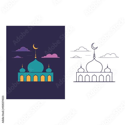 Vector art of Illustration of a mosque with a crescent moon and clouds in the sky on split background