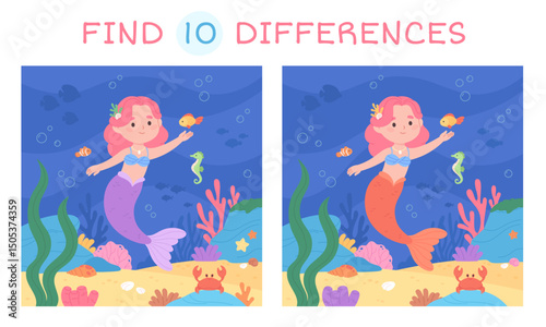 Mermaid find differences game. Underwater location with cute little mermaid, plants and fish. Development game for children, racy vector template