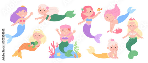 Cute mermaid characters. Little mermaids, funny tiny girls with fish tails. Playful underwater girl, children mascots, racy vector clipart