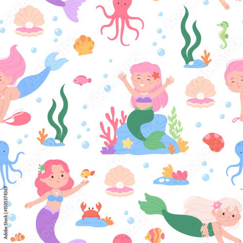 Funny mermaid seamless pattern. Girly print with magic underwater characters. Cartoon playful mermaids, funny girls with fish tails, racy vector background