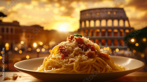 Spaghetti alla Carbonara with the background of historical Rome City at sunset, Italian Cuisine
