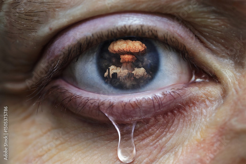 Eye of a crying woman, reflecting a nuclear explosion.