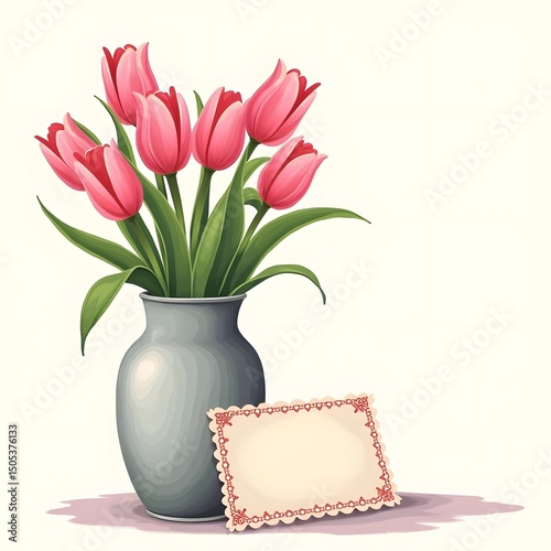 Summer Serenity: Pink Tulips in Metal Vase & Lace Card