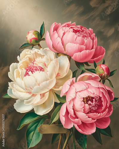 3D textured peony flowers in full bloom, pink and cream, oil painting, vintage style, high detail. convex texturized strokes with a palette knife and slightly smeared with a dry brush