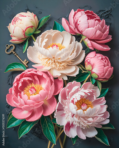 3D textured peony flowers in full bloom, pink and cream, oil painting, vintage style, high detail. convex texturized strokes with a palette knife and slightly smeared with a dry brush