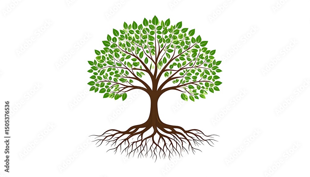 Fototapeta premium Lush Tree Roots Leaves Illustration.